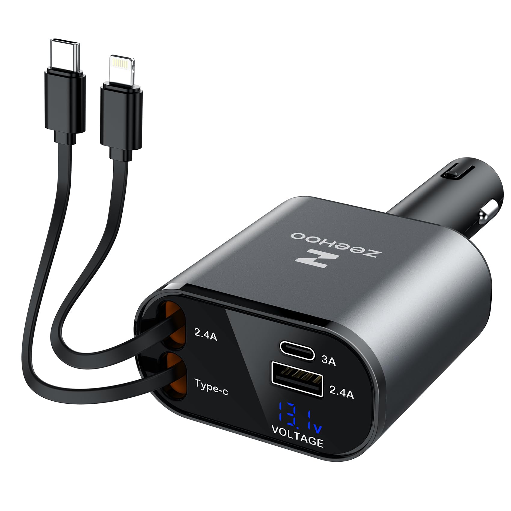 4-in-1 Retractable Car Charger – Fast Charge USB-C & USB-A
